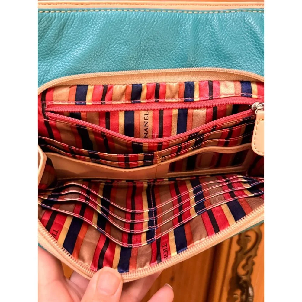 Tignanello Turquoise & Beige Pebbled Leather Convertible Bag W Front‎ Pocket Adj
